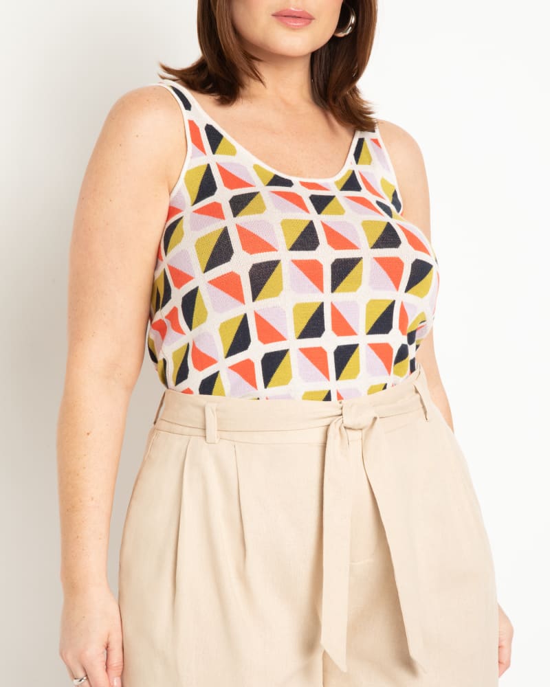 Front of a model wearing a size 22|24 Intarsia Knitted Tank in Colorful Checkers by ELOQUII. | dia_product_style_image_id:292921